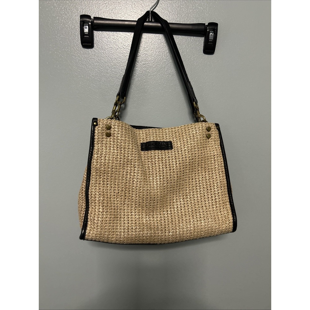 American Leather Co Lenox Triple Entry Raffia Satchel Shoulder Bag Brandy EUC
